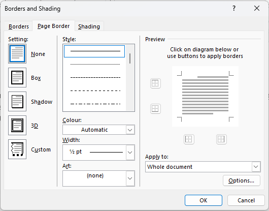 Page border options in Word